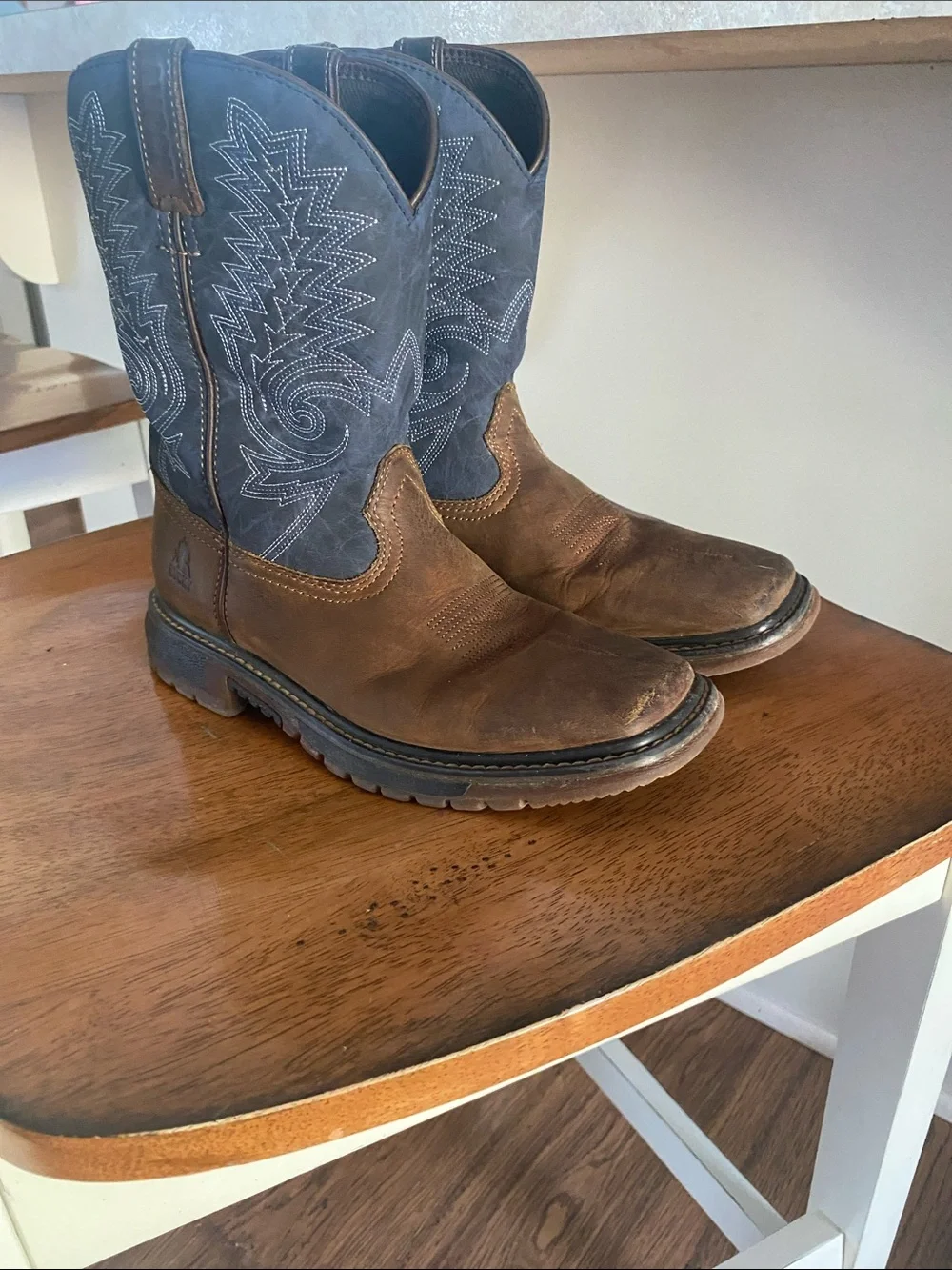 Rocky Brown Foot with Blue Embroidered Shaft Cowboy Boots